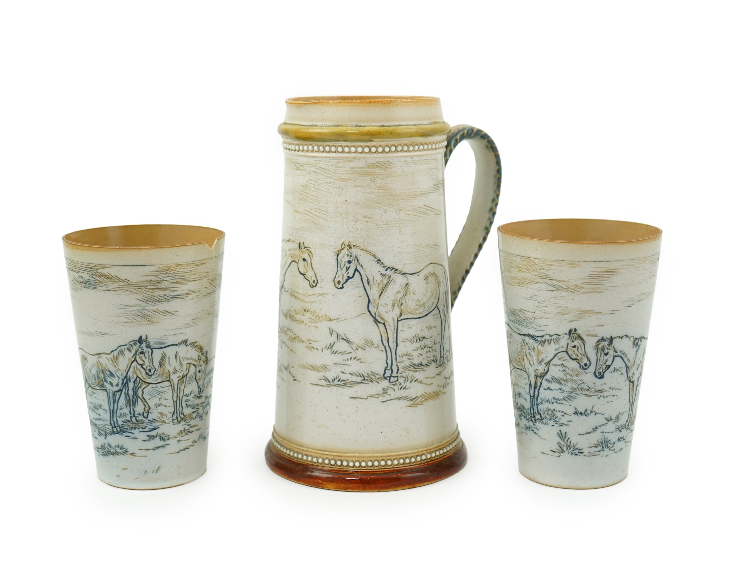 Hannah Barlow for Doulton Lambeth: A Stoneware Lemonade jug and two beakers